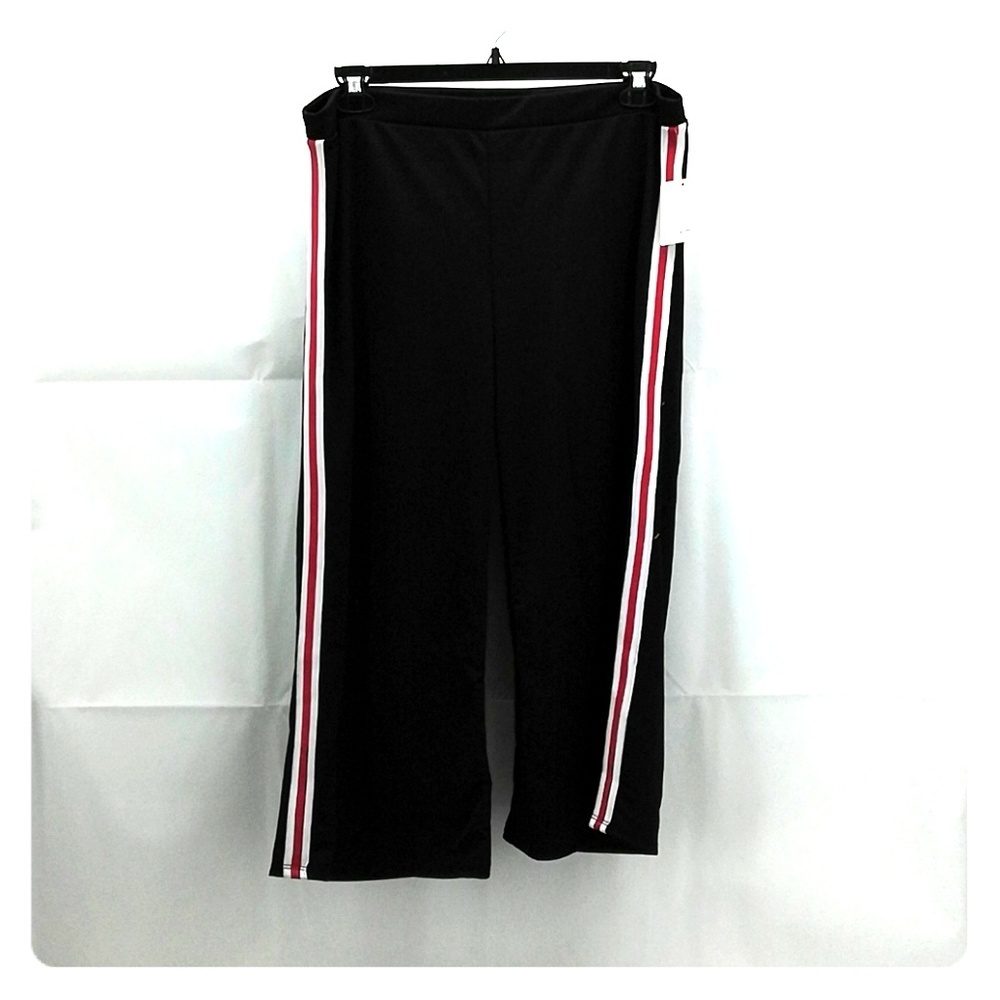 Blu Planet Black Cropped Athletic Pants with Red & White Side Stripes